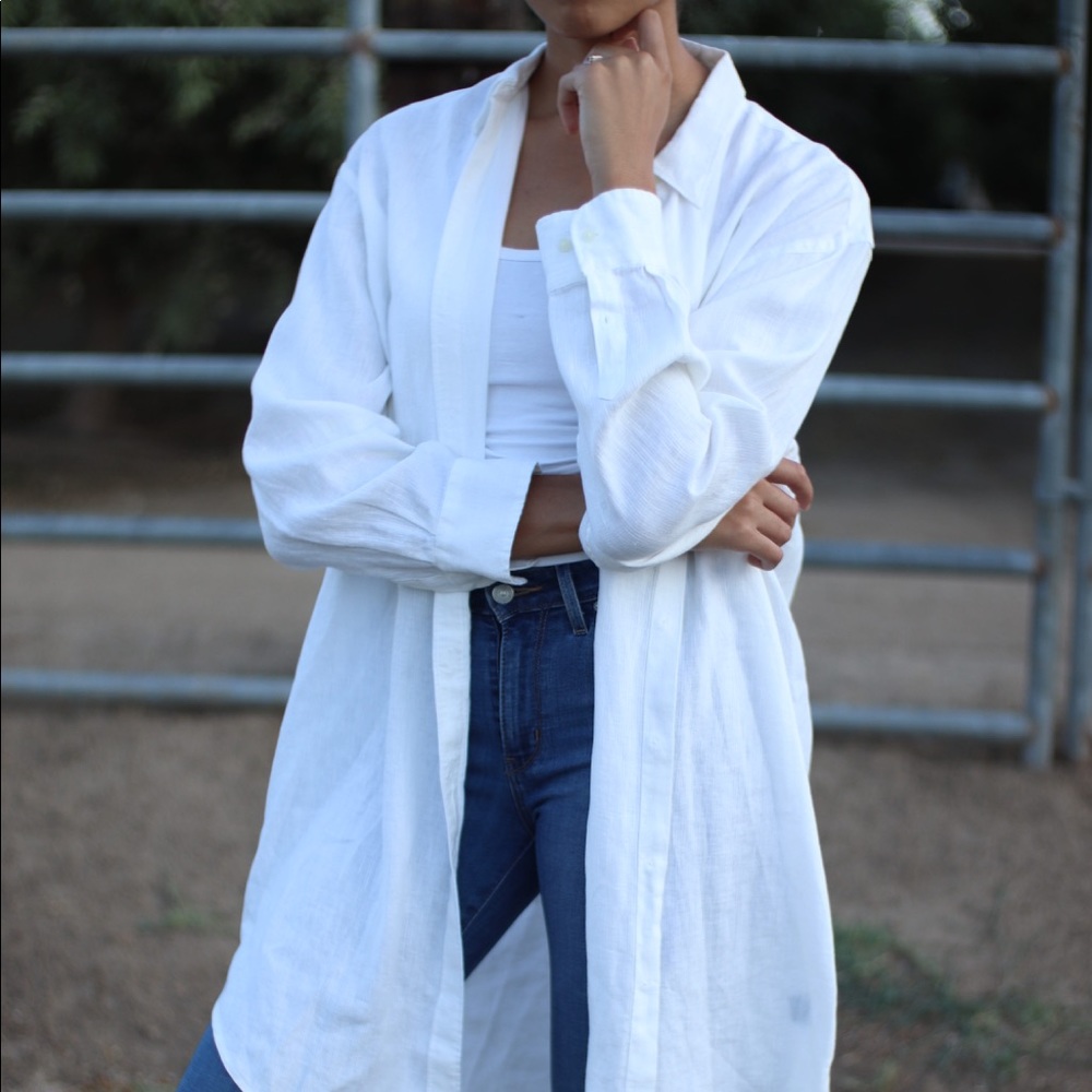 Oversized white Ralph Lauren linen button-up shirt
